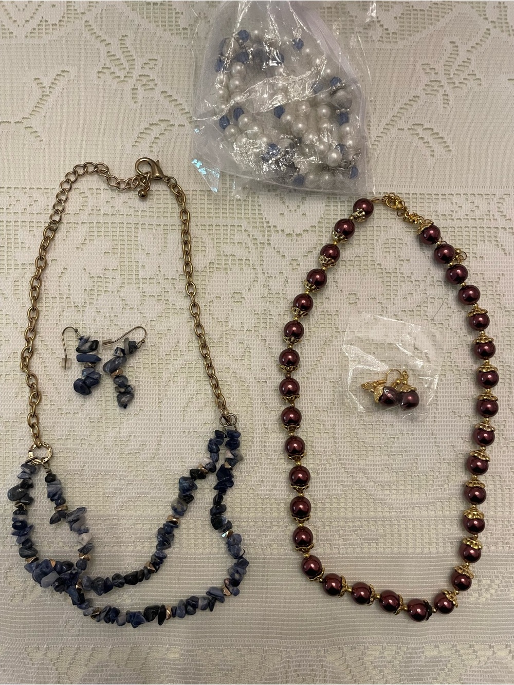 Costume jewelry: Blue Stone Necklace Set & Burgundy Pearl Necklace Set